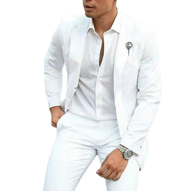 Men's white slim fit two-piece suit for weddings, shown on a hanger.