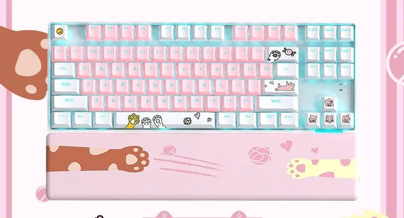 87-key RGB green shaft mechanical keyboard with metal panel, pink and white colour, and cotton hand rest