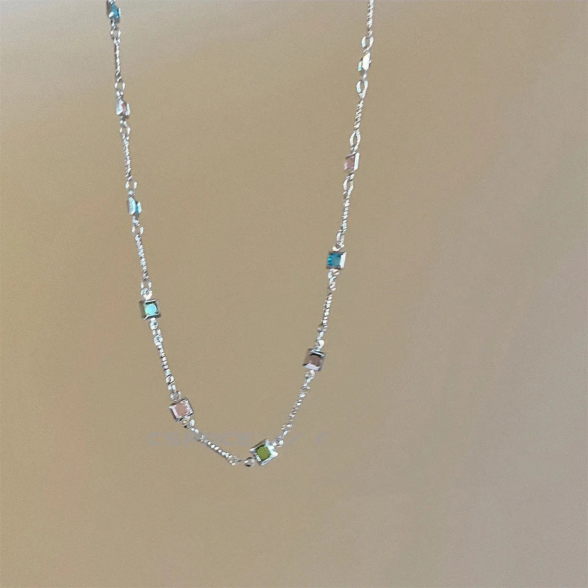 Square colour clavicle chain necklace with geometric artificial crystal design in gold and white K finish options