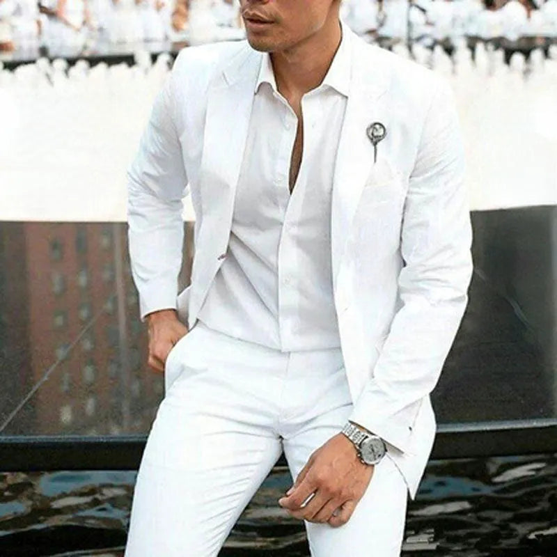 Men's white slim fit two-piece suit for weddings, shown on a hanger.