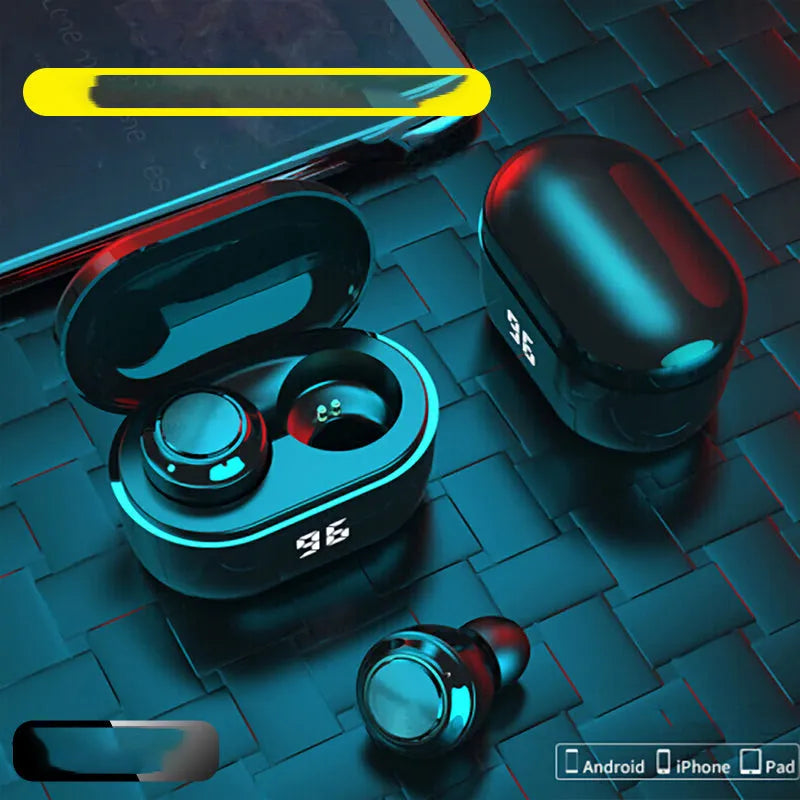Black stereo Bluetooth wireless headset with earplug design showing power display