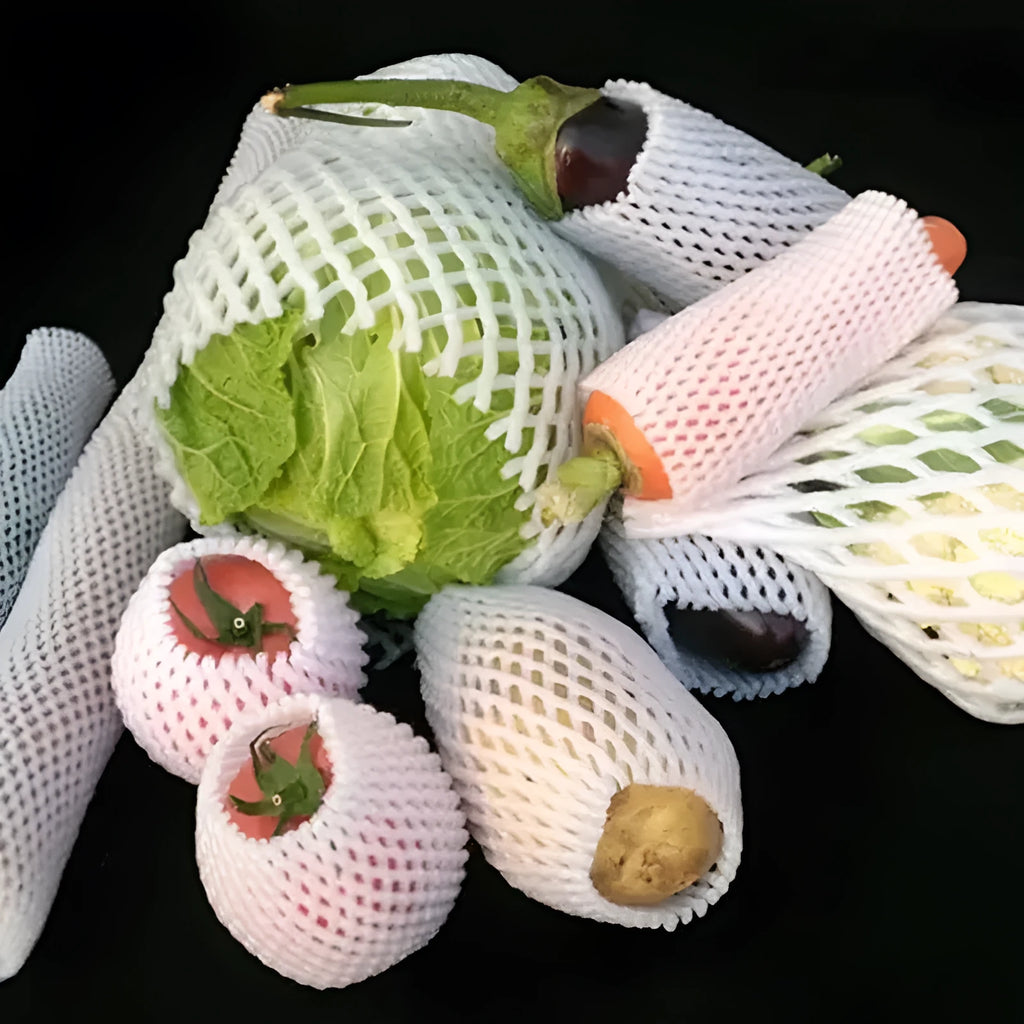 White foam net cover for fruit protection shown in various sizes on a table.