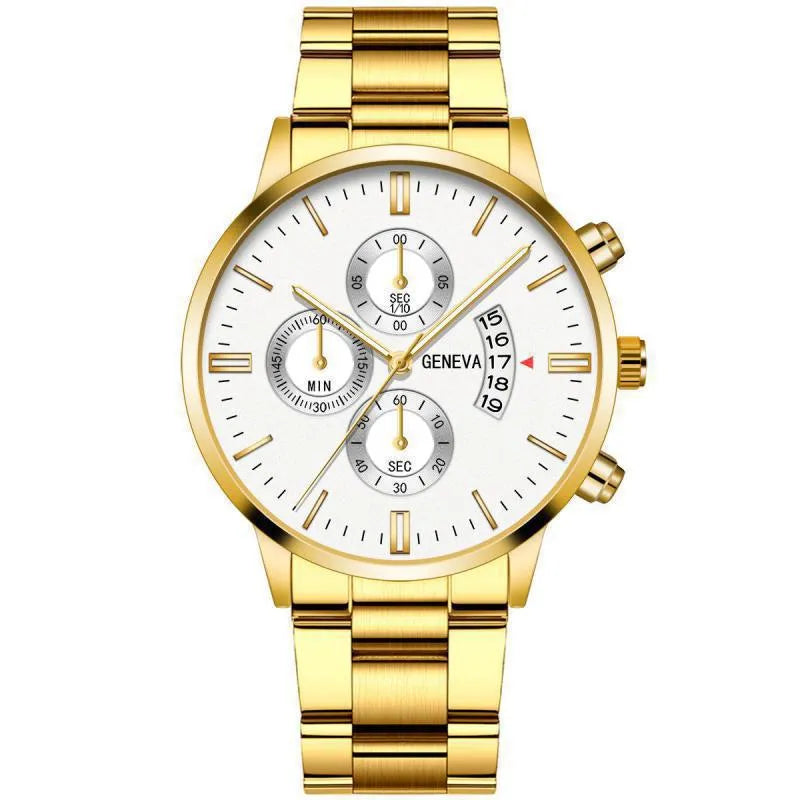 Men's calendar steel belt large dial quartz watch 40mm alloy case mineral glass silver black bracelet