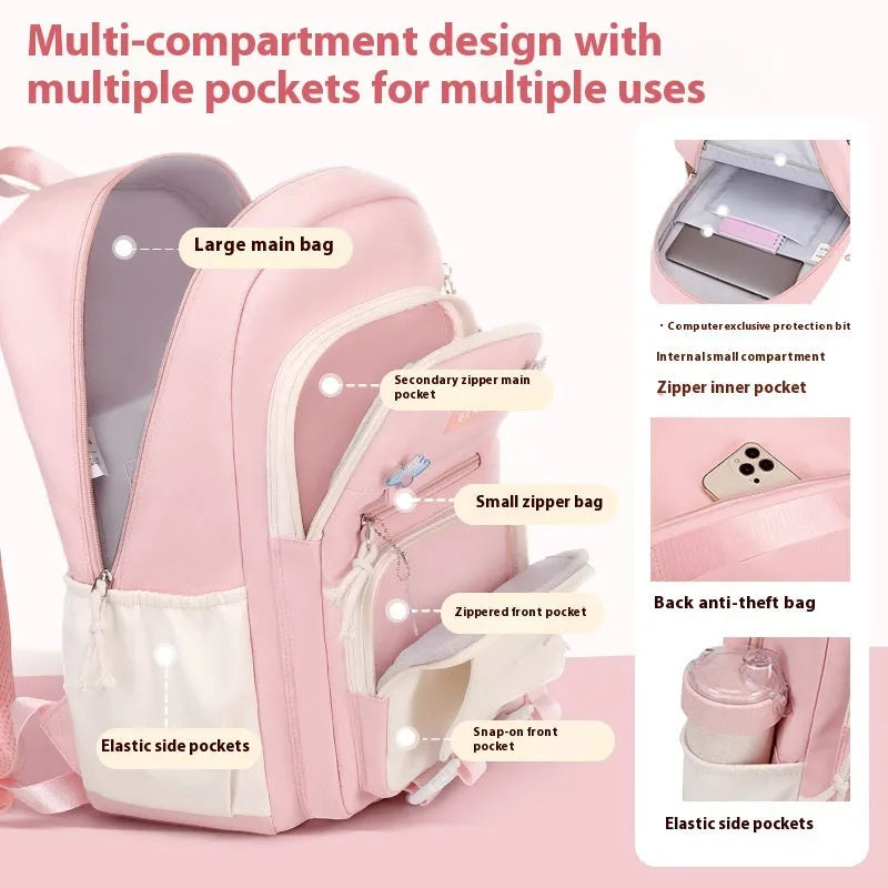 Pink waterproof school backpack for girls with curved straps, shown with matching pencil case and bag.
