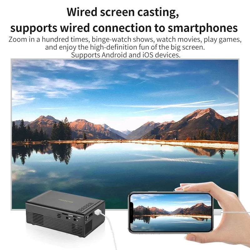 Portable mini projector in black with wired mobile phone connection and UK plug