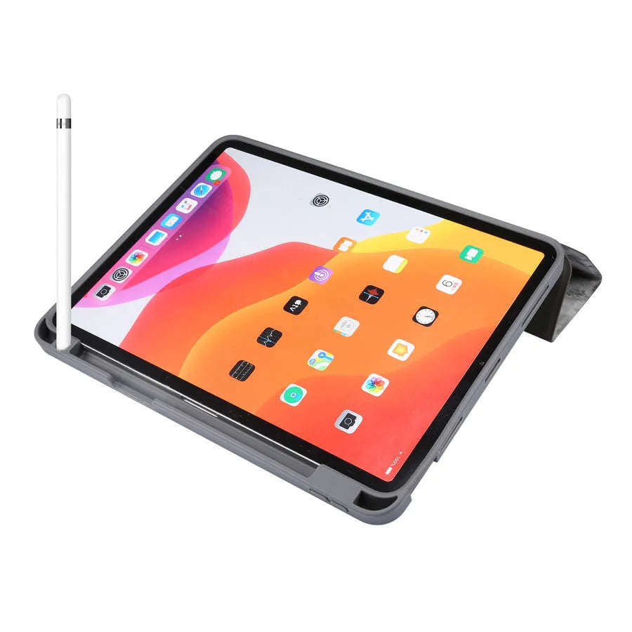 Tri-fold imitation leather iPad case in dark grey, shown open with a stylus in the integrated pen slot.