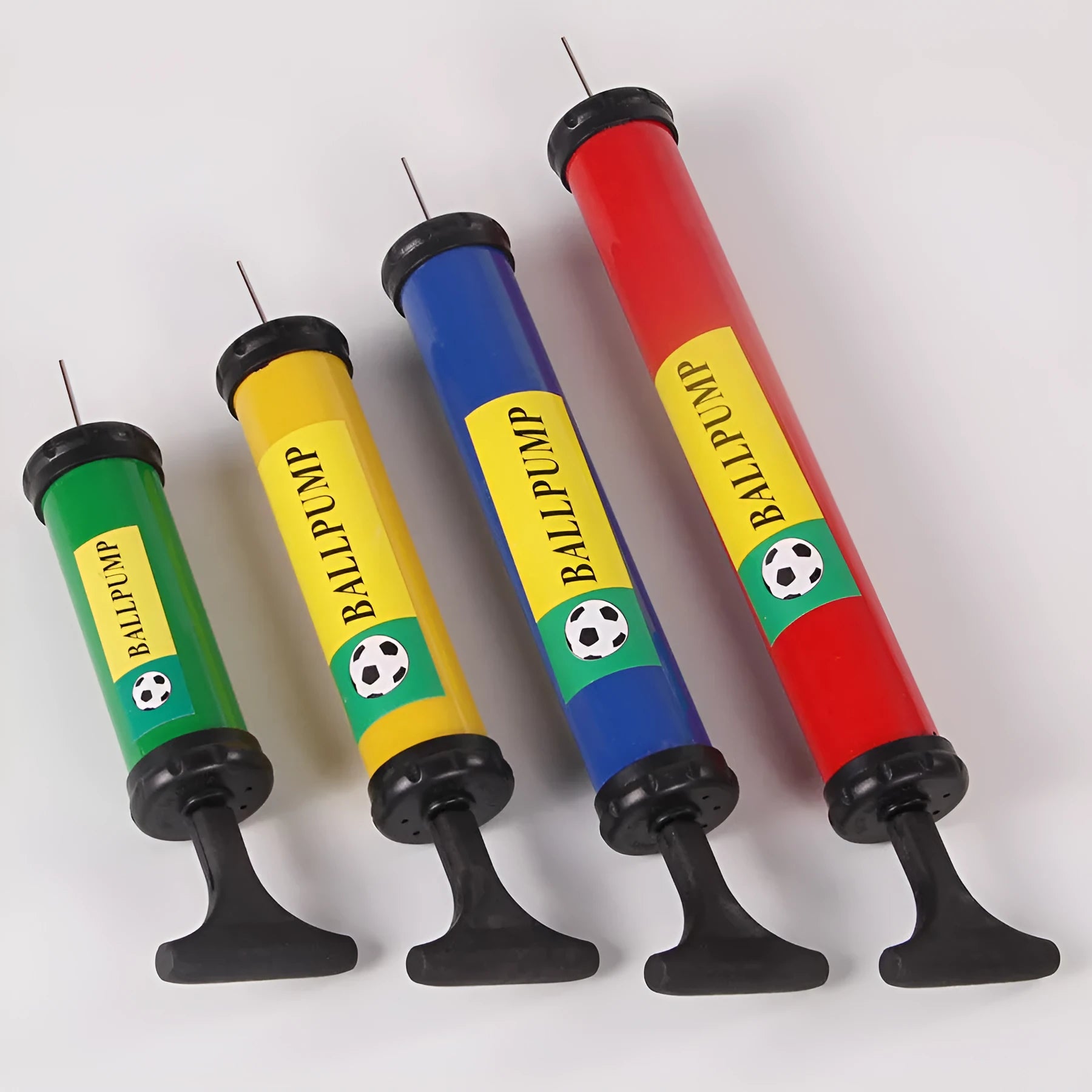 Manual plastic hand pump in mixed colours for inflating sports balls and balloons