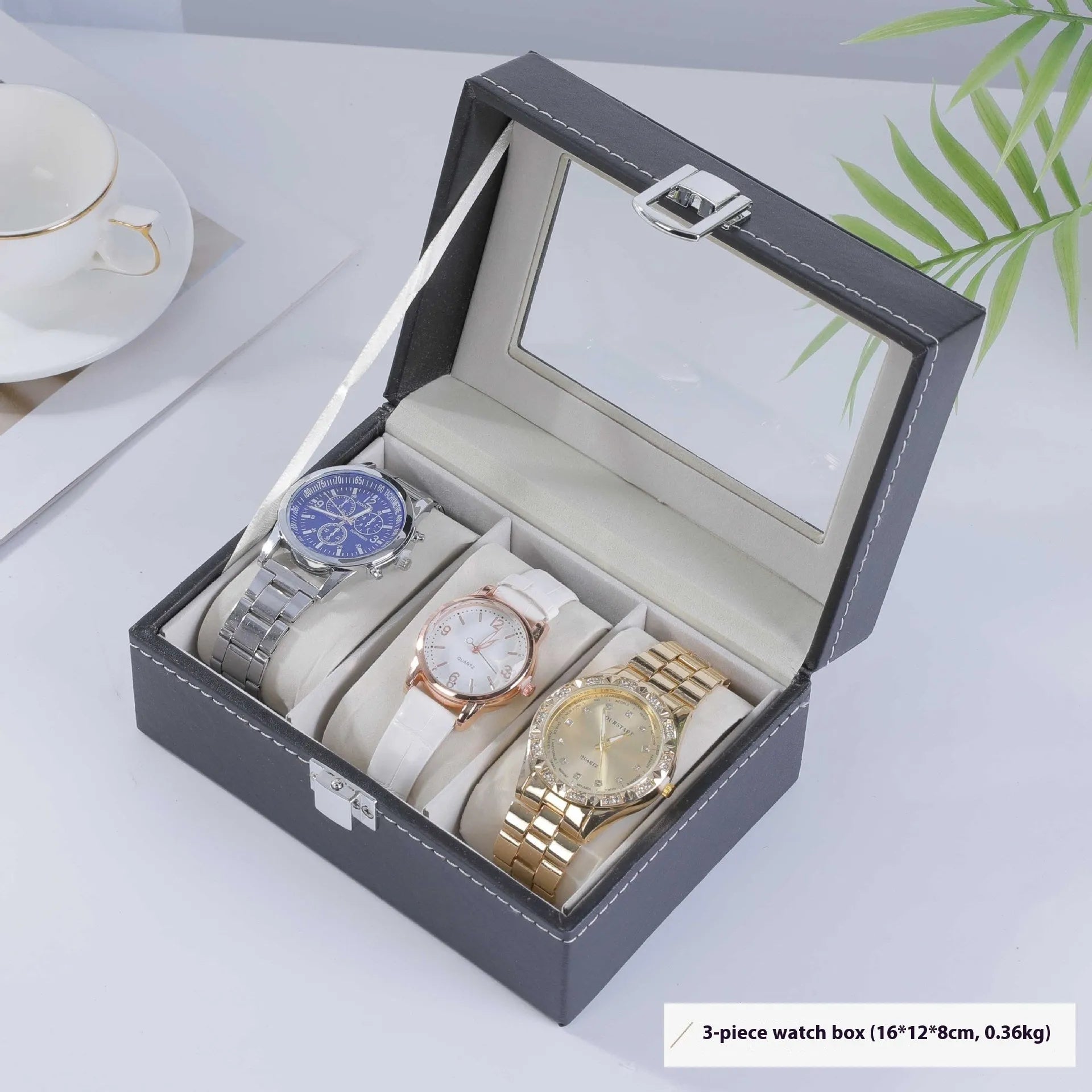 Grey high-grade leather watch storage box with a clear see-through lid showing internal compartments.