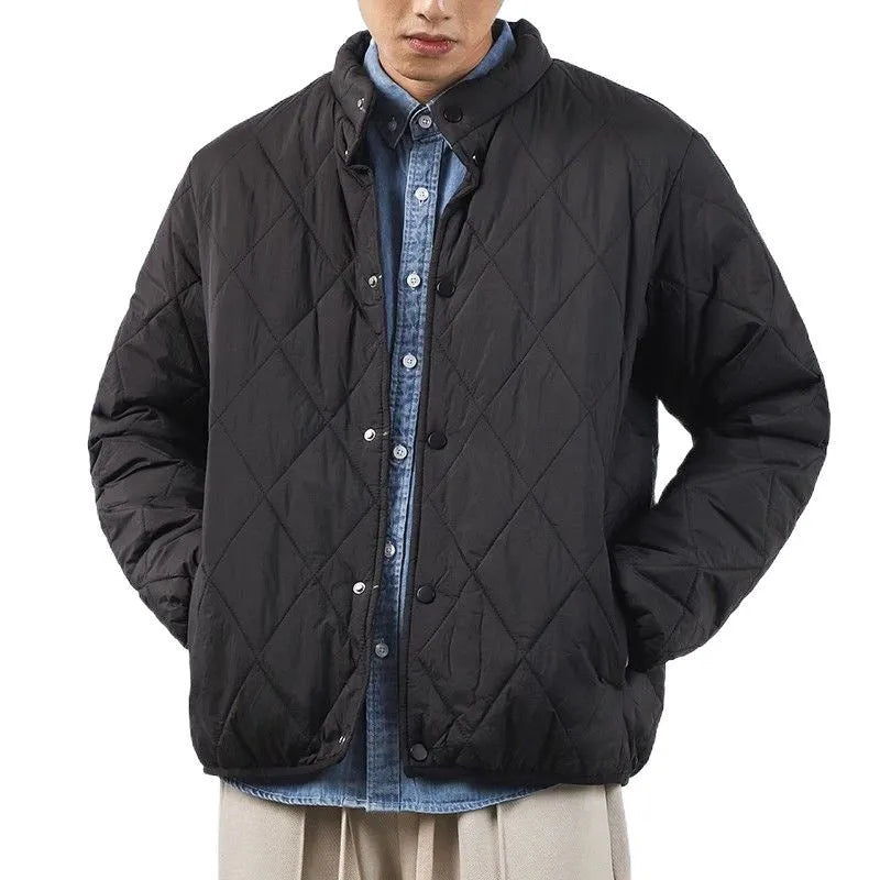 Men's black diamond lattice patterned winter jacket with lengthened cut and padded construction