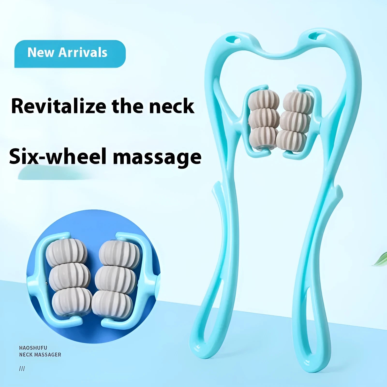 Blue plastic six-wheel massager for shoulders neck and waist tension relief