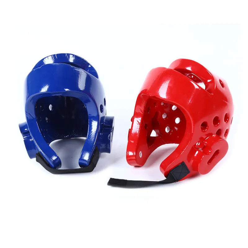 Karate Taekwondo protective gear set showing leg guard, helmet, and boxing gloves in red colour