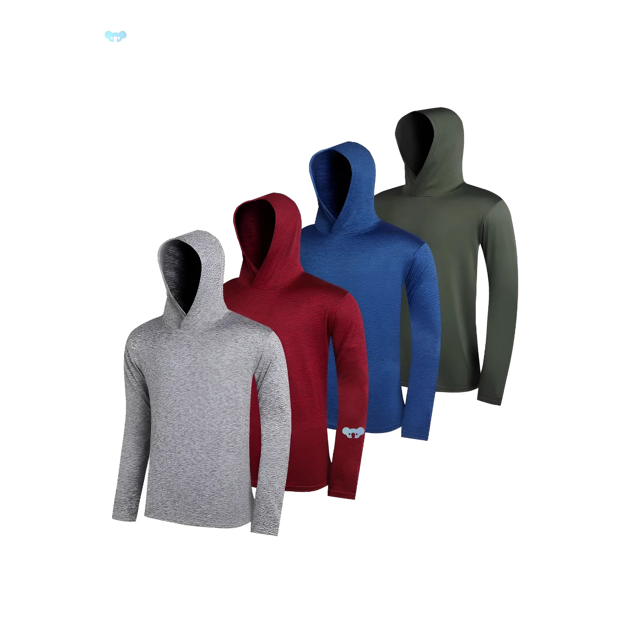 Four men's lightweight polyester hoodies folded showing different colours and both hooded and non-hooded styles