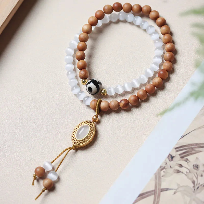 Sandalwood opal double ring bracelet with Tibetan beads in mixed material retro design