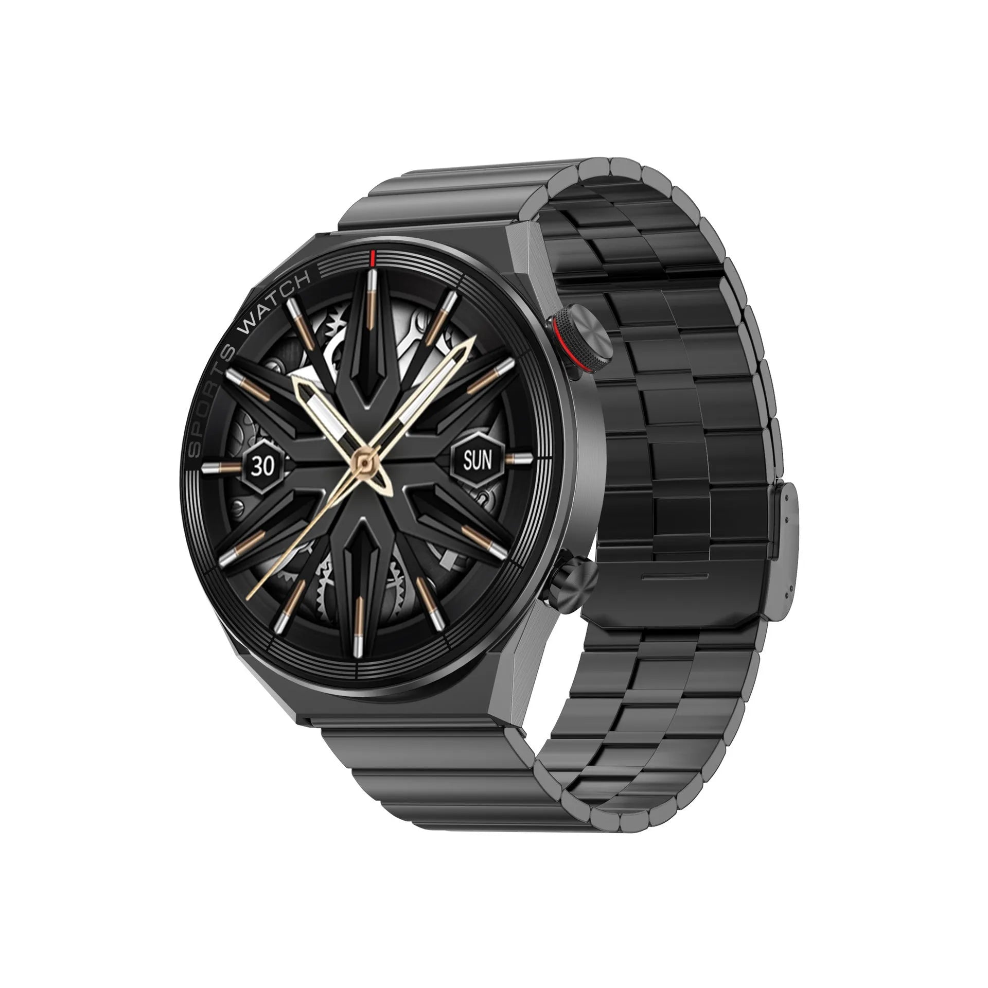 Large screen Bluetooth smart watch with call function shown in black or silver with leather, silicone, and steel strap options.