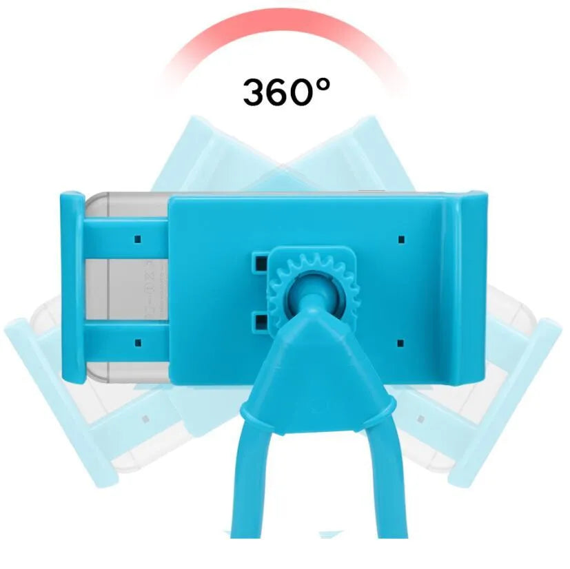 White universal phone holder rotating to show 360-degree movement on a desk.