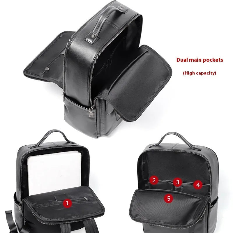 Black genuine leather men's computer backpack with woven details, shown open