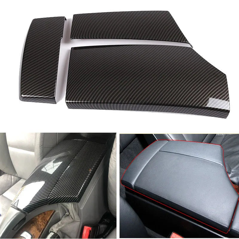 Three black ABS protective covers with a diagonal carbon fibre pattern for a car armrest box