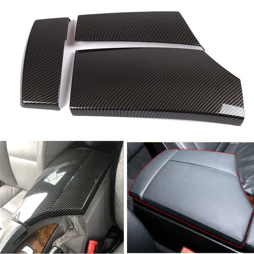 Three black ABS protective covers with a diagonal carbon fibre pattern for a car armrest box