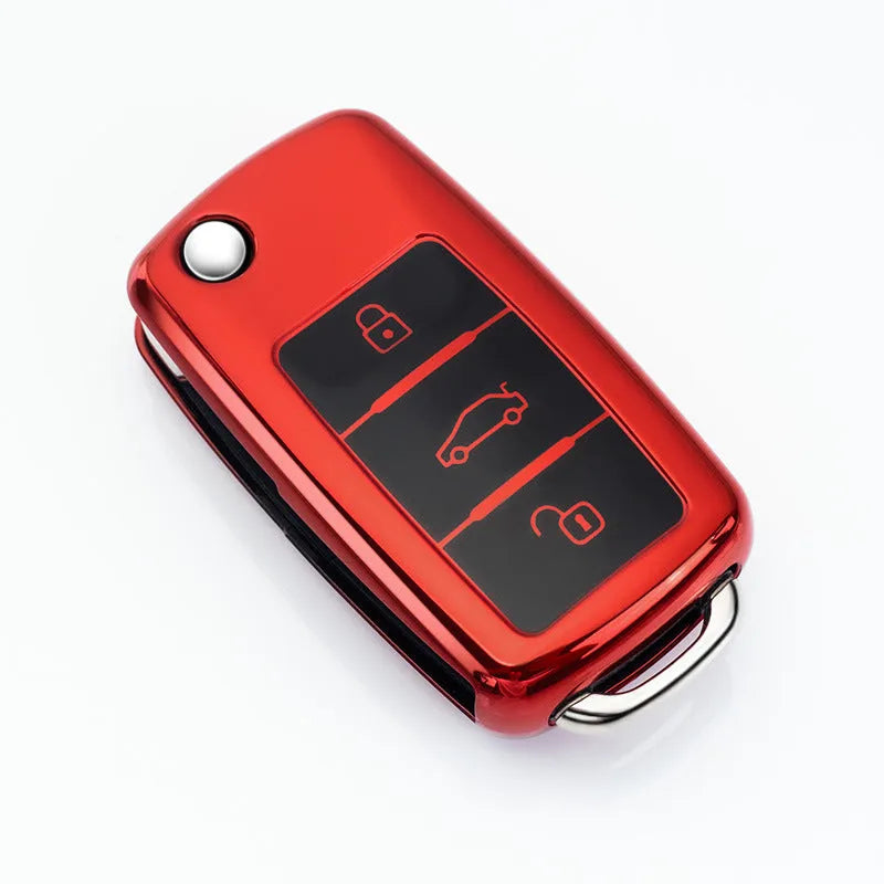 TPU protective case for a Volkswagen folding car key fob in blue, pink, red, and silver colour options.