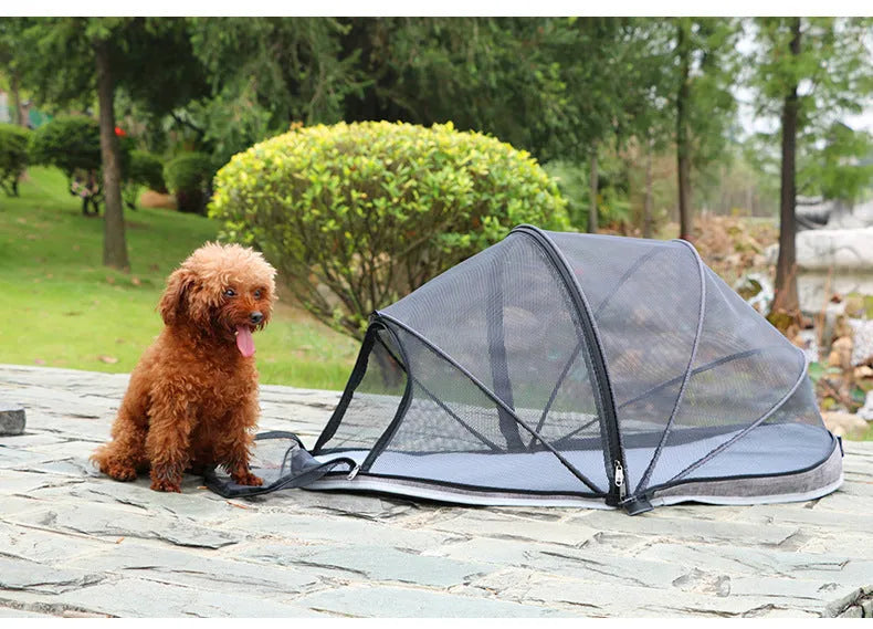 Portable folding cat tent with half mesh sides in black or blue colour options