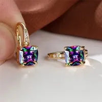 Square zircon geometric ear hook earrings in electroplated copper with Korean style design