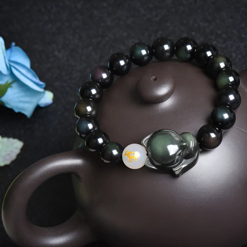 Natural obsidian zodiac guardian bracelet with 10mm beads in three style variations