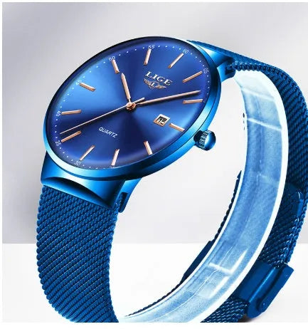 Men's stainless steel watch with 40mm dial in black, blue, and black blue colour options.