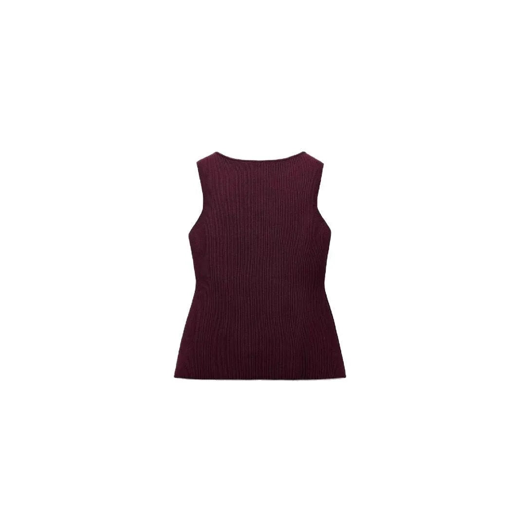 Dark red slim-fit cardigan vest with gold buttons and a 3D textured pattern, laid flat.