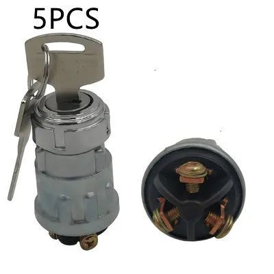 Pure copper vehicle ignition switch lock with matching key on a white background.