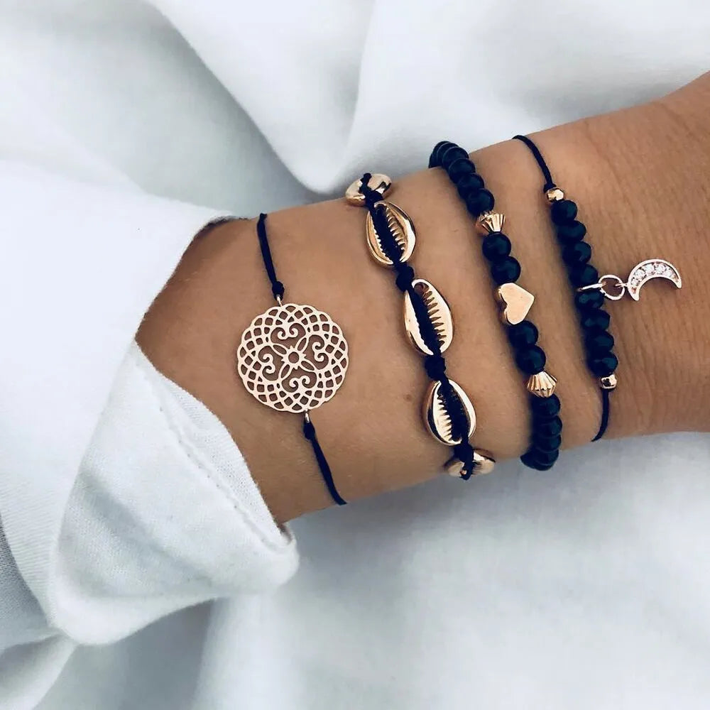Bohemian bracelet set with alloy vintage bead and boho charm design in bow love style for women