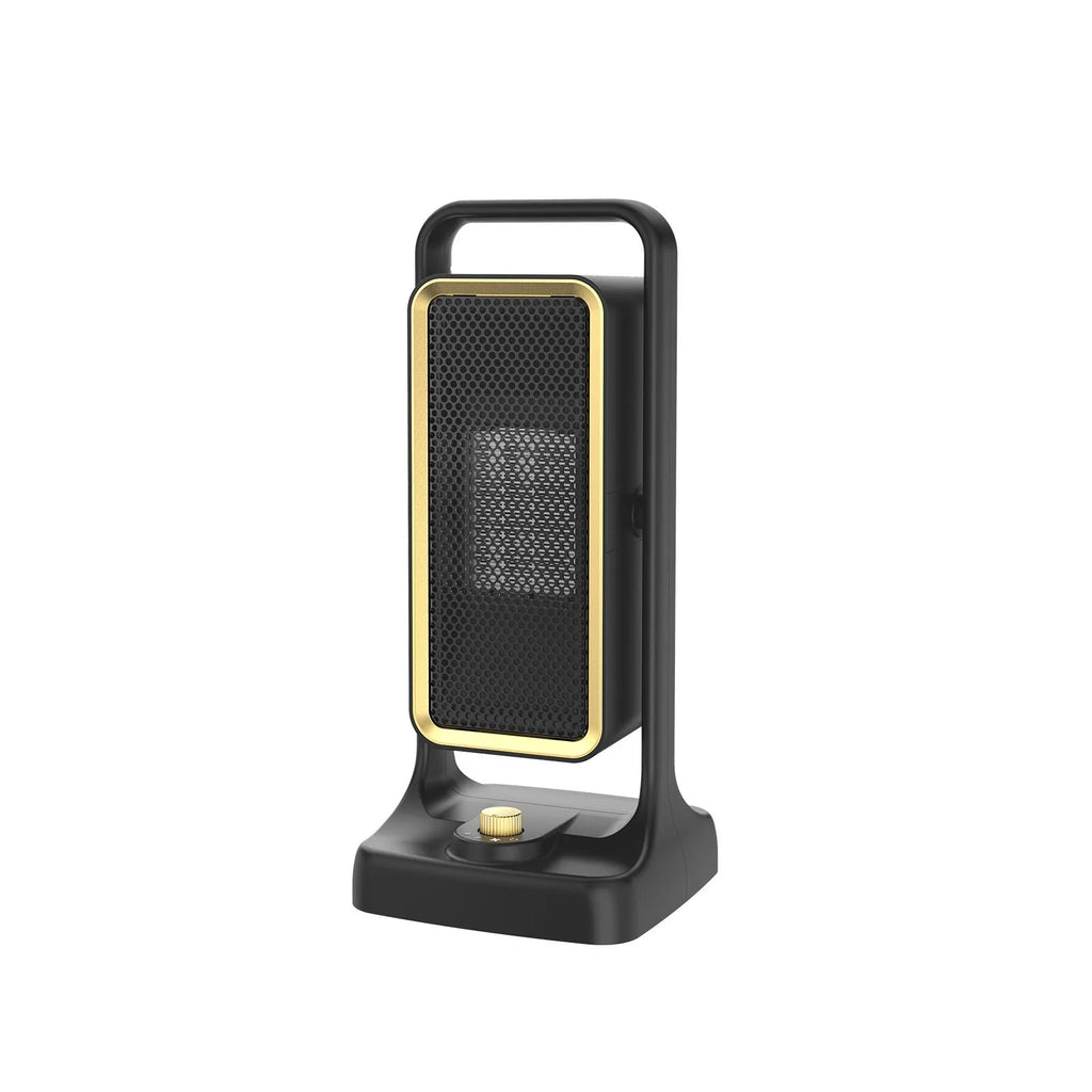 Black desktop PTC ceramic air heater with control knob, measuring 14.9cm wide by 33.5cm tall.