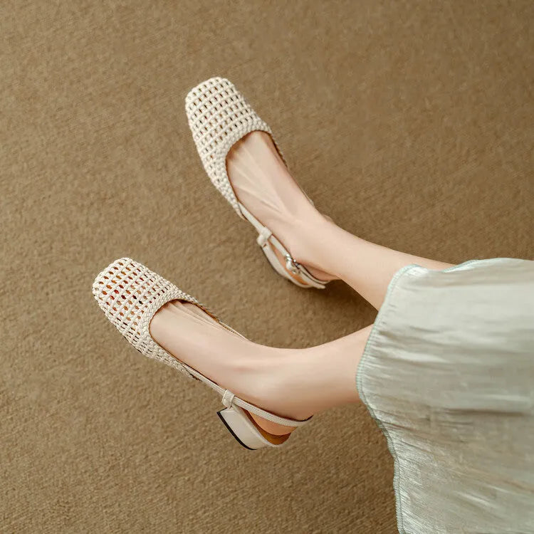 Women's woven hollow-out closed toe sandals with chunky heel and adjustable buckle in black