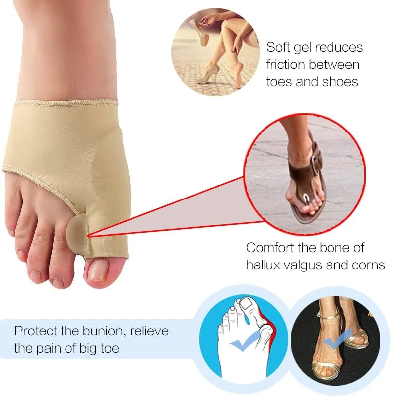 Corrective bunion sock with silicone gel toe separator shown in sizes S, M, and L on a foot diagram.