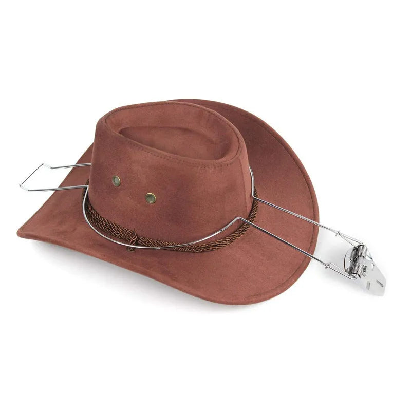 Brown chrome-plated metal car-shaped hat and coat stand on a table.