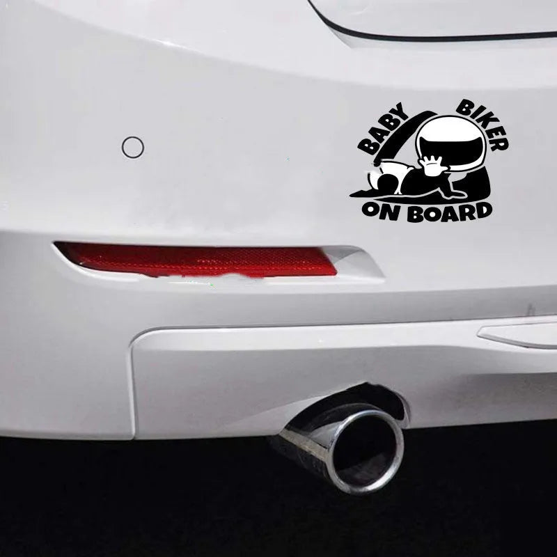 Reflective black and white Baby on Board car sticker measuring 14.5 by 15 centimetres.