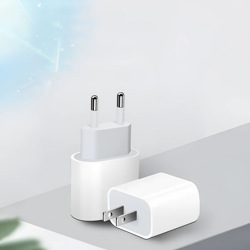 20W PD mobile phone charger with USB-C interface showing EU and US plug variants