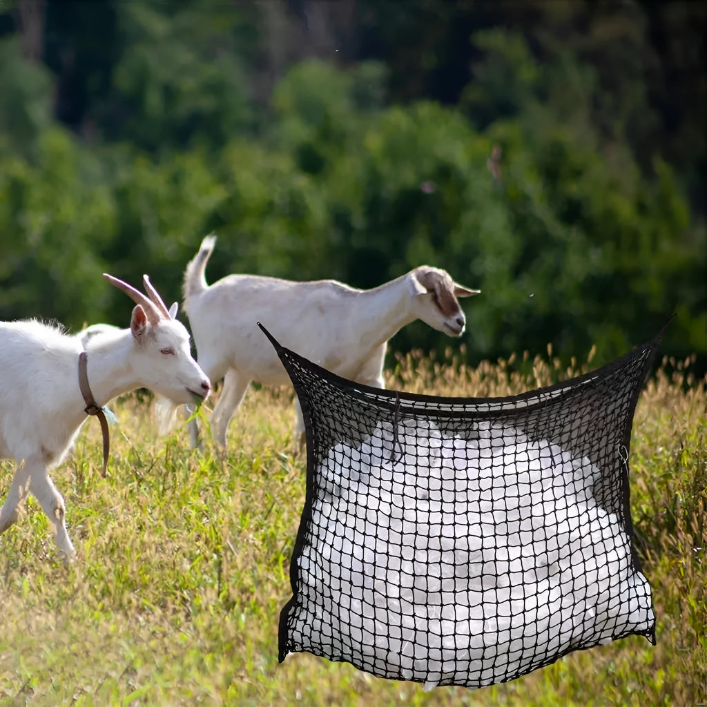 Black woven grid hanging feeding bag for horses and cattle, showing the PE rope construction.