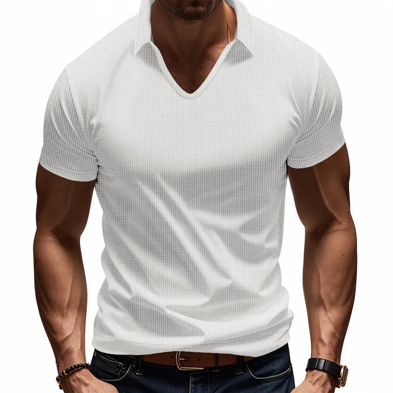 Men's loose light grey V-neck short sleeve casual cotton blend T-shirt laid flat