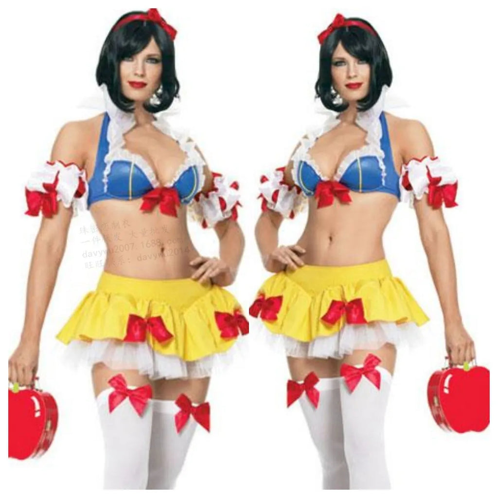 Snow White anime dress costume set with headdress, top, short skirt, and hand sleeves