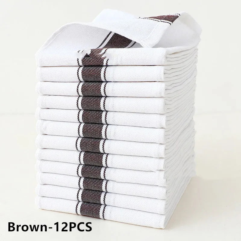 Set of twelve striped polyester cotton blend dish towels showing colour options: black, blue, brown, yellow, and multi-colour.