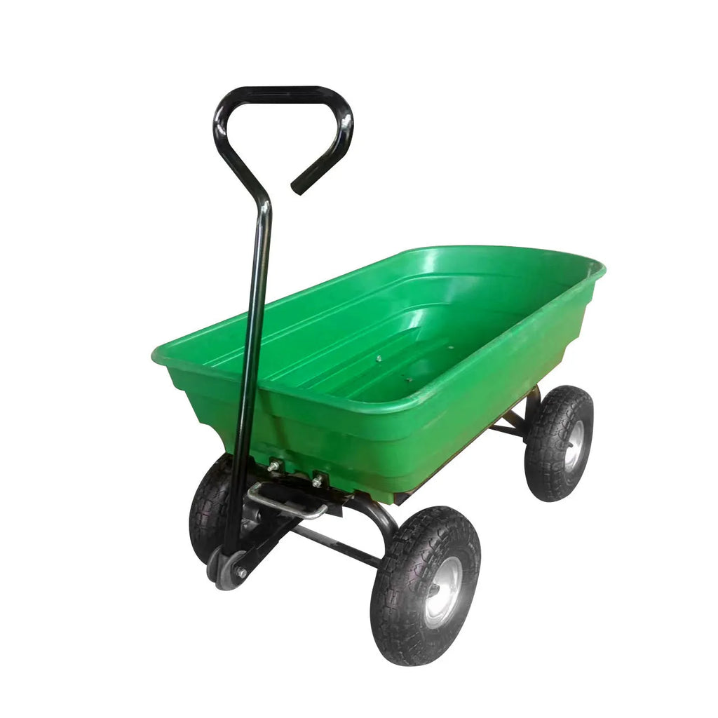 Green four-wheel plastic dumptruck with a large haulage body on a steel-reinforced frame.