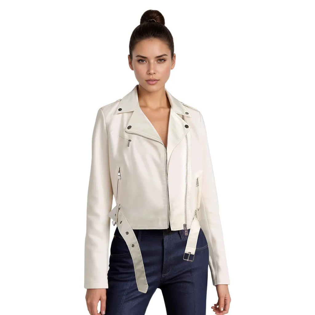 Women's black PU leather motorbike jacket with lapel collar and detachable short belt.