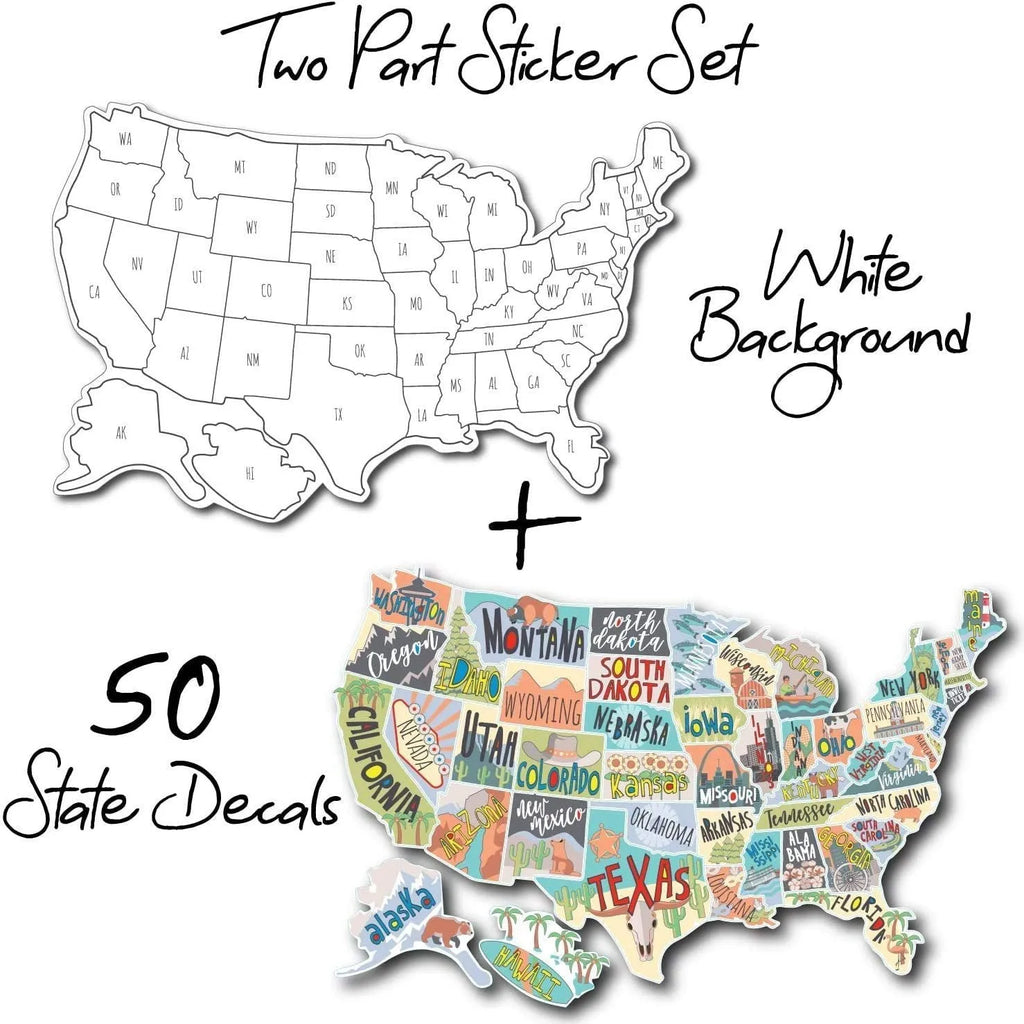 Travel-themed car sticker set showing map artwork and lettering with white application background