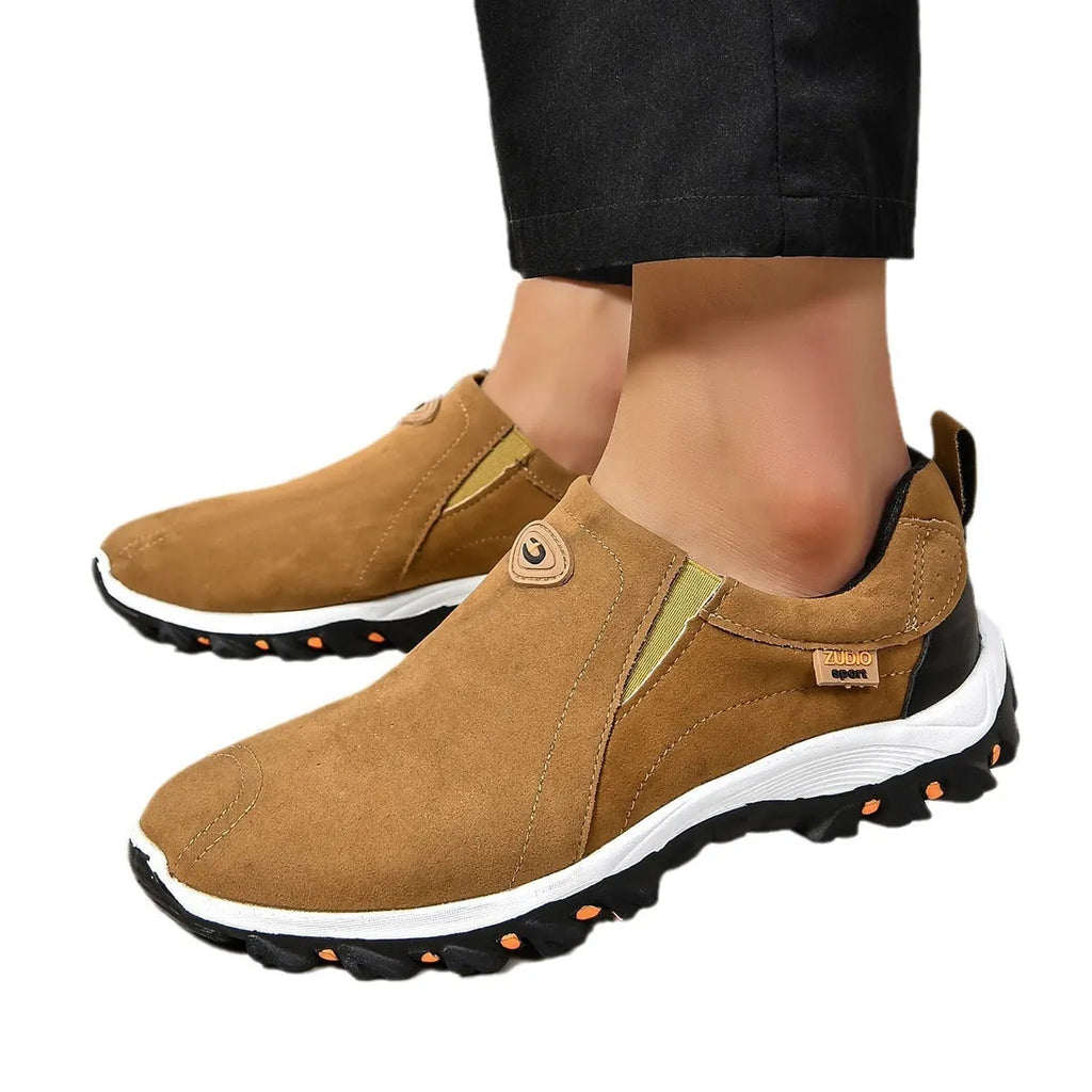 Men's round head thin slip-on casual shoes in grey, shown with PU upper and rubber sole.