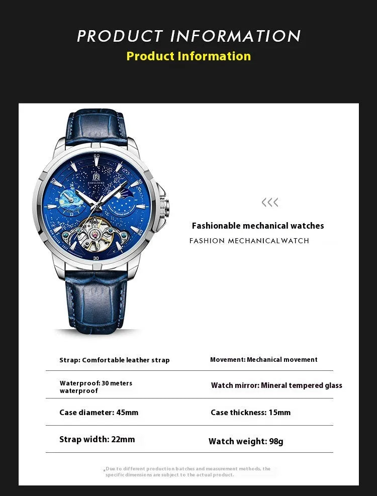 Men's blue automatic mechanical watch with exhibition back showing movement