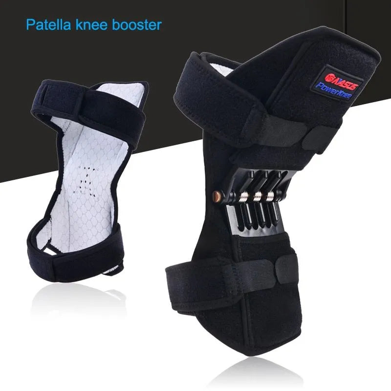 Black spring knee brace with adjustable straps on a grey background
