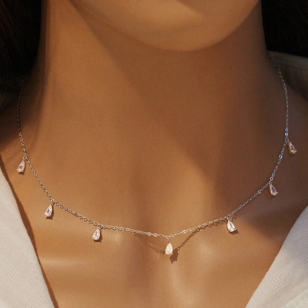 925 silver drop-shaped artificial zircon necklace with O-shaped chain in silver, rose gold, or golden yellow