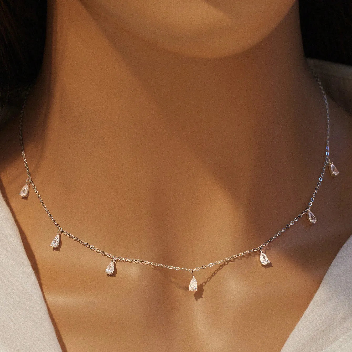 925 silver drop-shaped artificial zircon necklace with O-shaped chain in silver, rose gold, or golden yellow