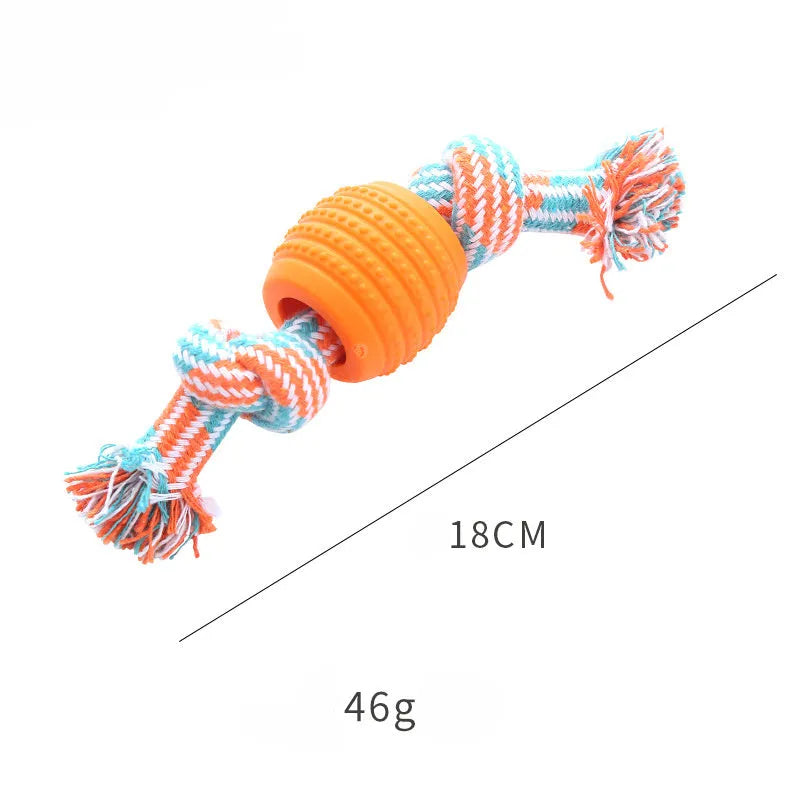 Blue dog chew toy with rope strands for dental care, 23 cm length