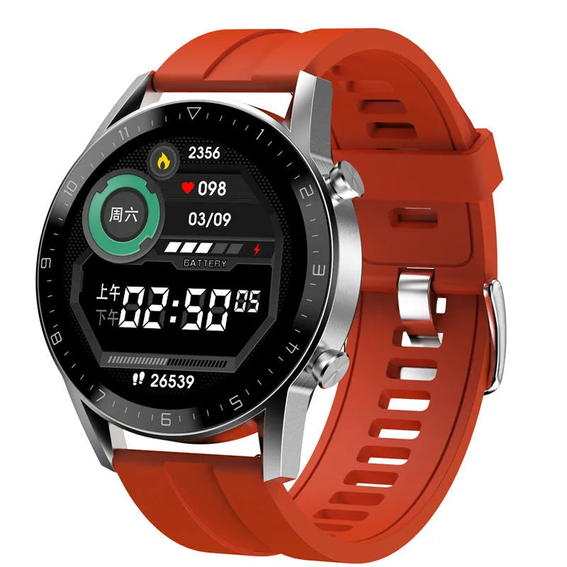Black multifunctional sports watch with genuine leather strap and 1.3-inch touchscreen display.